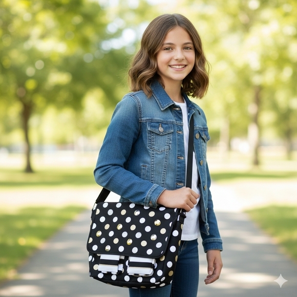 Justice Handbags - Bling Laptop messenger polka dots book shoulder crossbody bag